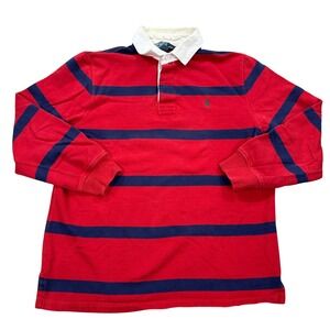 Polo Ralph Lauren Rugby Shirt Men's Large Red Navy Blue Striped Long Sleeve Polo